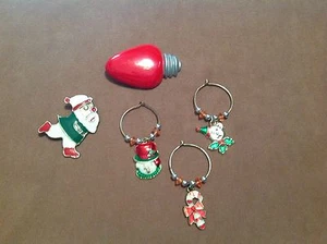 2 Vintage Christmas Pins 3 Wine Glass Charms Candy Cane Santa Bear Snowman Light - Picture 1 of 5