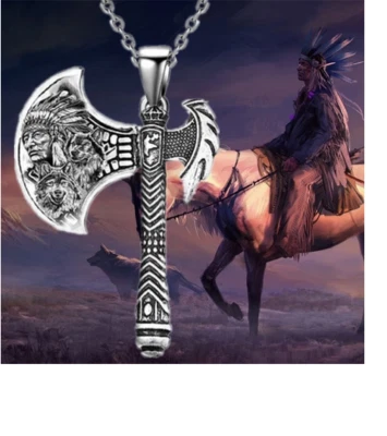 大号 AXE NATIVE FEATHER TRIBE 吊坠 20 英寸 925 纯银项链男式 — 第 1/4 张图片