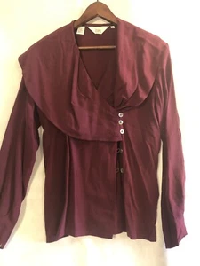 Ishyu 100% Silk Womens Burgundy Blouse Long Sleeve Shoulder Pads Wrap Collar - Picture 1 of 4
