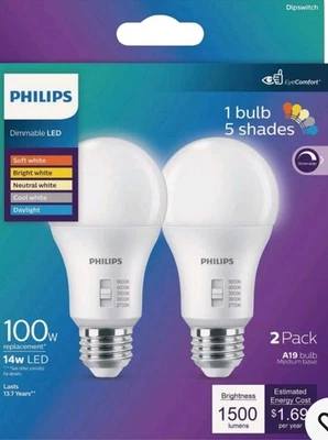 Philips 100W Equivalent 5 CCT A19 Medium Dimmable LED Light Bulb (2-Pack) 586883 - Image 1 of 3