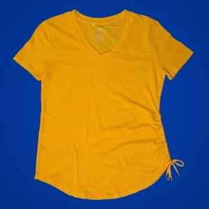 Ladies Medium Ruched V Neck Yellow Athletics Short Sleeve Shirt - Picture 1 of 8
