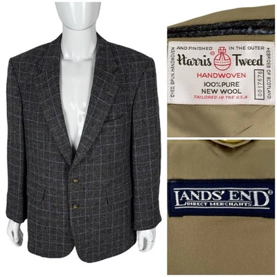 Harris Tweed Lands End Mens 44 R Blazer Sport Coat Jacket Gray Checks Plaid EUC - Image 1 of 4