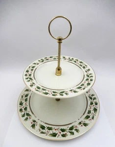 VINTAGE ROYAL LIMITED HOLLY HOLIDAY TWO-TIERED SERVING PLATTER ~ MADE IN JAPAN - Picture 1 of 6
