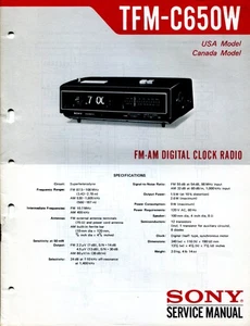 Sony TFM-C650W FM AM Reloj Digital Radio Manual de Servicio - Imagen 1 de 2