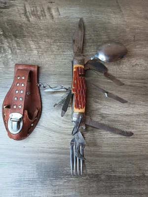 Vtg Soling Japan Multi 11 Tools Camping Knife hobo spoon fork & Leather Sheath - Image 1 of 4