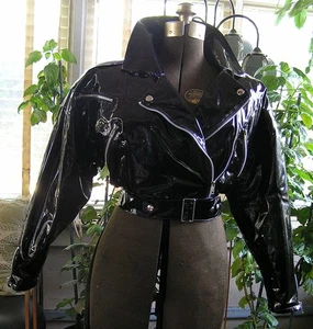 WOMEN'S Small BLACK PVC MOTO JACKET Zippers Goth Fetish Shiny - Picture 1 of 10