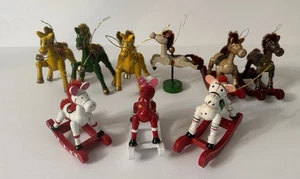9 Vtg  Rocking Horse Ornaments Christmas Tree Chenille Hair Russ Country Wooden - Picture 1 of 8