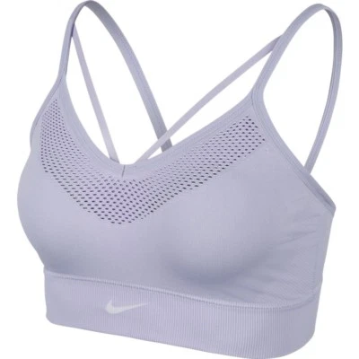 ¡NUEVO! Sujetador deportivo ligero sin costuras Nike AQ0123-506 color púrpura amanecer/blanco pequeño Foto 1 de 2