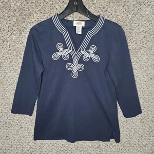 Camiseta informal Talbots Top Mujer Pequeña Azul Marino Bordada Cuello en V Manga 3/4 - Imagen 1 de 7