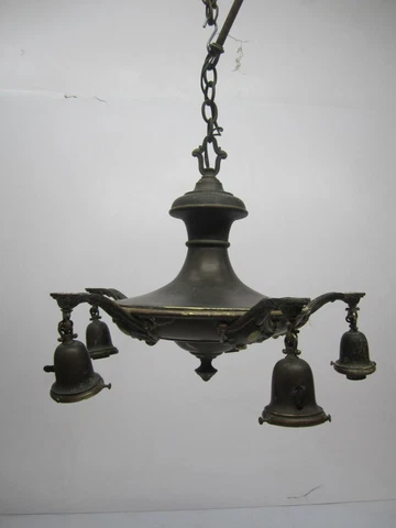 Vtg Art Deco Nouveau Brass 5 Arm Pan Chandelier Ceiling Light Fixture P&S Switch Cover