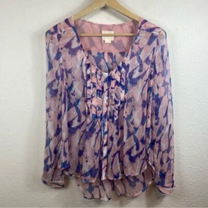 Maeve Anthropologie Size 8 Silk Blouse Button Up Light Weight Pink Blue Painted - Picture 1 of 13