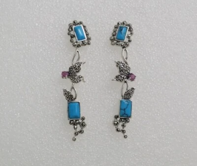 925 Серебряный марказит рубин стабилизированный бирюзовый лист цветочный Post подвеской серьги - Изображение 1 из 4