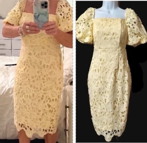 Lipsy Yellow Puff Sleeve Midi Dress 12 Pencil Occasion Wedding Party Evening - Picture 1 of 24