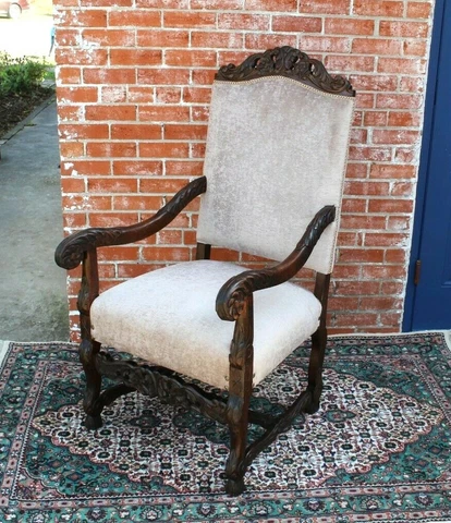 French Antique Upholstered Renaissance Carved Oak Armchair - White Gray Cover