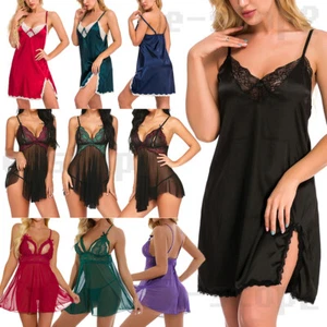 Sexy Lingerie Women Satin Lace Chemise Nightgown Silk Negligee Sling Nightdress - Picture 1 of 81