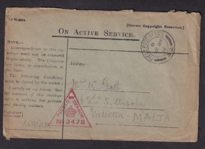 Great Britain May 10 1916 WWI censor cover Field PO D11 W Gatt to Valletta Malta - Image 1 of 2