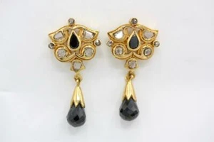 Solid 22K Yellow Gold Filigree Rose Cut Diamond & Black Stone Dangle Earrings - Picture 1 of 7