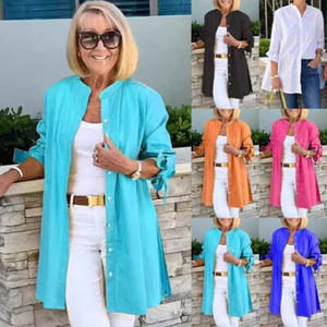 Womens Summer Blouse Casual Loose Long Buttons Split Cotton Tops Shirts Tee SIZE - Picture 1 of 17