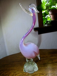Vintage Blown Art Glass Figurine Pink Crane Heron Bird 11" Heavy 4" Base No mark - Picture 1 of 12