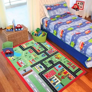 Kids Floor Green Rug City Car Road Design Mat Carpet Child Bedroom Play Mat Home - Picture 1 of 13