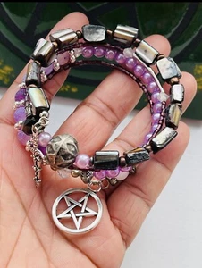Gothic Witch Athame Bracelet Pagan Wicca - Amethyst & Hematite Protection - Picture 1 of 8
