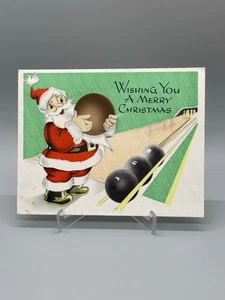 Tarjeta de felicitación navideña vintage 3D Bowling Santa, Gibson años 1930-40 - Imagen 1 de 6