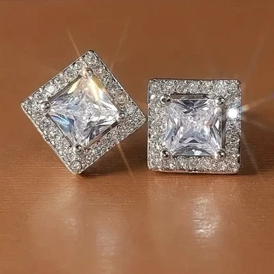 Halo Princess Cut 14K White Gold Plated Cubic Zirconia Men Women Stud Earrings - Image 1 of 4
