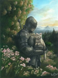original painting 30 x 40 cm 54KdV artwork oil paints modern knight with a cat - Picture 1 of 3