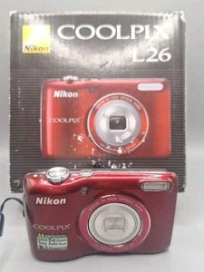 Boxed Nikon Coolpix L26 Red Digital Camera Working, Broken Battery Door. - Picture 1 of 16