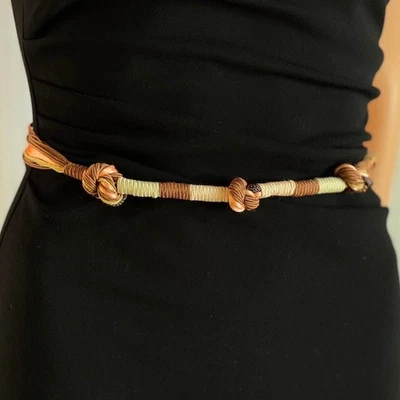 Vintage 90s Woven Rope Belt Brown Cream Orange Knotted Boho Waist Tie Wrap - Image 1 of 4