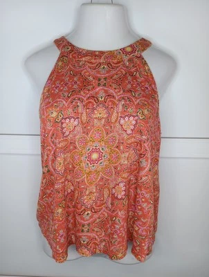 JOIE богемное цветочный без рукавов верхний большой оранжевый 100% льняной трикотажа замочная скважина назад EUC  - Изображение 1 из 4