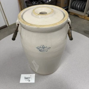 Vintage 5 Gallon Blue Crown Glazed Stoneware With Lid And Handles - Picture 1 of 9