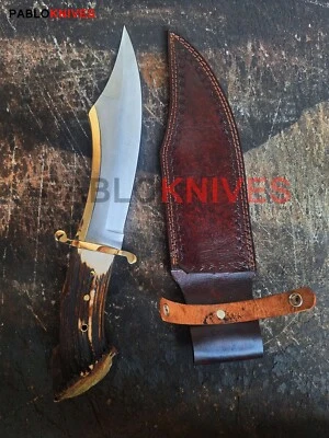 Cuchillo Bowie de Caza de Acero J2 Hecho a Mano Premium de 15" Corona Cuerno de Ciervo Trabajo de Latón Foto 1 de 4