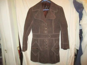 Vintage 70s Brown Suede Mod Jacket M Ladies Wide Collar Pockets Trench Coat - Picture 1 of 6
