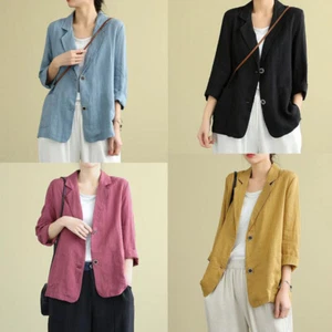Women's Linen Thin Suits Jacket Business Casual Loose Coat Blazer Tops Outerwear - Picture 1 of 26