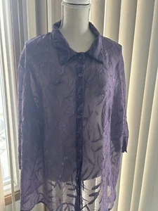 PURPLE Blouse Button down leaf SIZE 2X Work Church Flowy Plus Sheer Layering - Picture 1 of 8