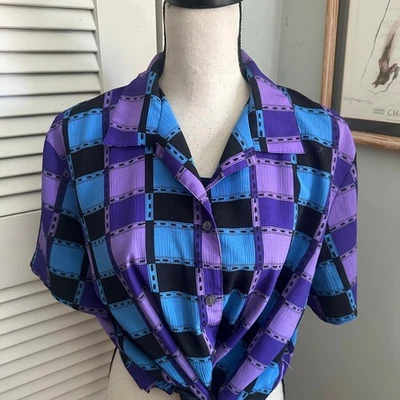 复古 Notations 衬衫女式 *XL 蓝色紫色复古 90 年代学院风职业服装 — 第 1/4 张图片