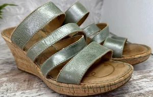Born Zemora Slip On Leather Wedge Sandal Shoe Women's Sz 9 Green Metallic Beachy - Picture 1 of 13