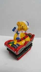 Santa Teddy Bear in Sleigh Box Porcelain Hinged Trinket Box New - Picture 1 of 9