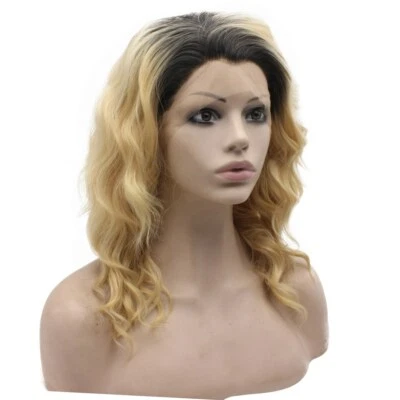 Peluca sintética rubia raíz oscura frontal encaje ondulado hasta los hombros Foto 1 de 4