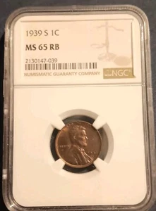 1939-S 1CENT MS65RBLincoln Wheat Penny  cert# 2130147-039 - Picture 1 of 5