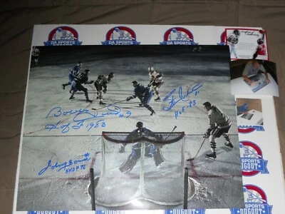 Bobby Hull Stan Mikita Johnny Bower SIGNED Auto Blackhawks Leafs 16x20 photo  Foto 1 de 3