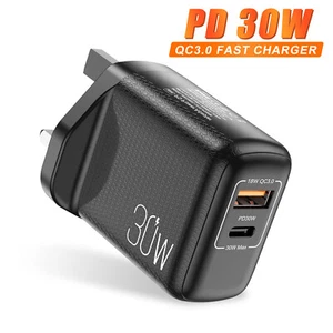 PD 30W Type-C Wall Fast Charging QC 3.0 USB Power Adapter Universal UK/EU Plug - Zdjęcie 1 z 18