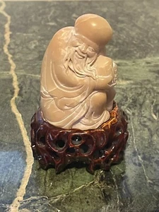 Vintage Chinese SoapstoneFigure Longevity God Shou Xing ,custom fitted wood base - Foto 1 di 4