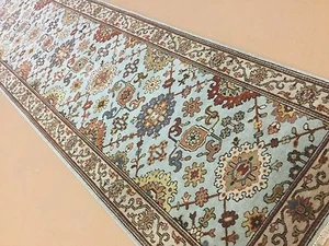 2'.6" X 9'.9" Light Blue Very Fine Geometric Oriental Rug Runner Hand Knotted - Bild 1 von 12