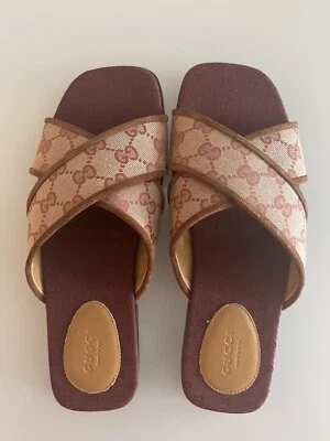 gucci monogram suede womens criss cross slide sandals size 38.5 - Image 1 of 4