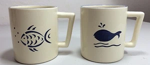 Pair of Niderviller Whale Fish Mugs Peint France Main Blue Nautical Beach - Picture 1 of 8