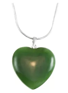 Großer Sterlingsilber geschwollenes Herz Anhänger grün Nephrit Jade 20 Ketten Halskette - Bild 1 von 8