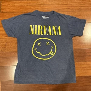 Mens Nirvana 2018 Short Sleeve Graphic T Shirt Size Large Solid Blue Smiley Logo - Picture 1 of 5