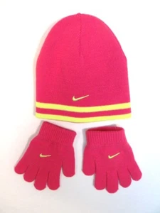 Nike Swoosh Pink & Yellow Knit Beanie & Knit Stretch Gloves Youth Girls 4-6X NWT - Picture 1 of 4
